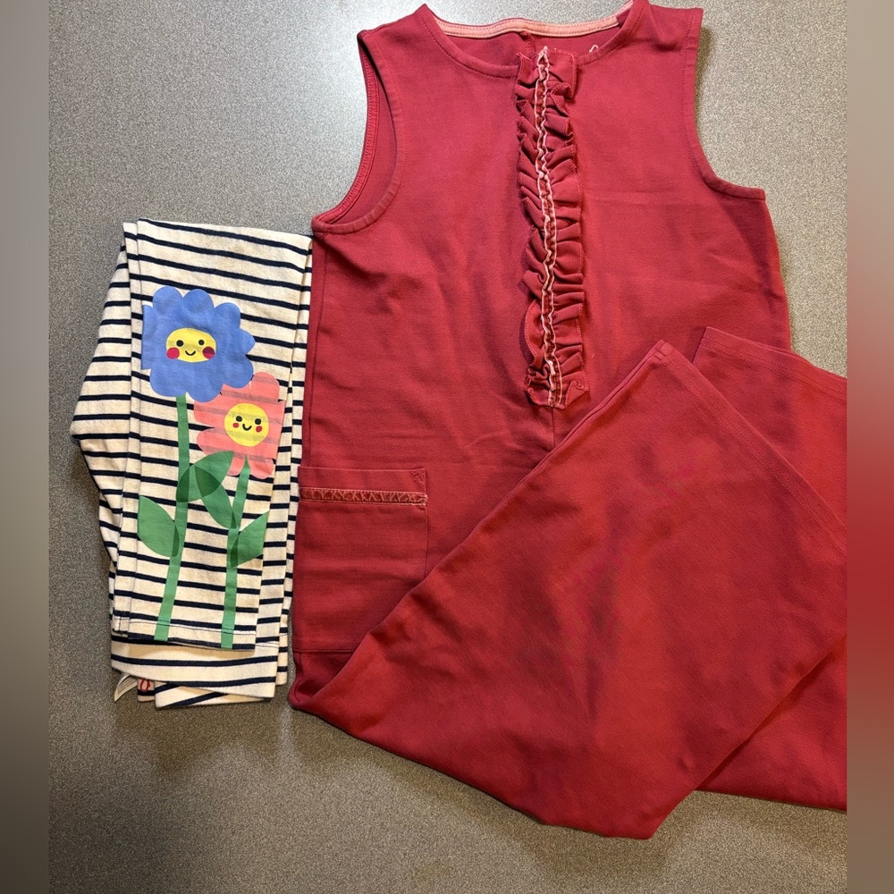 Mini Boden Girls Ruffle Jumpsuit size 8/9 yrs. Boden leggings SZ 7/8 yrs. Flower